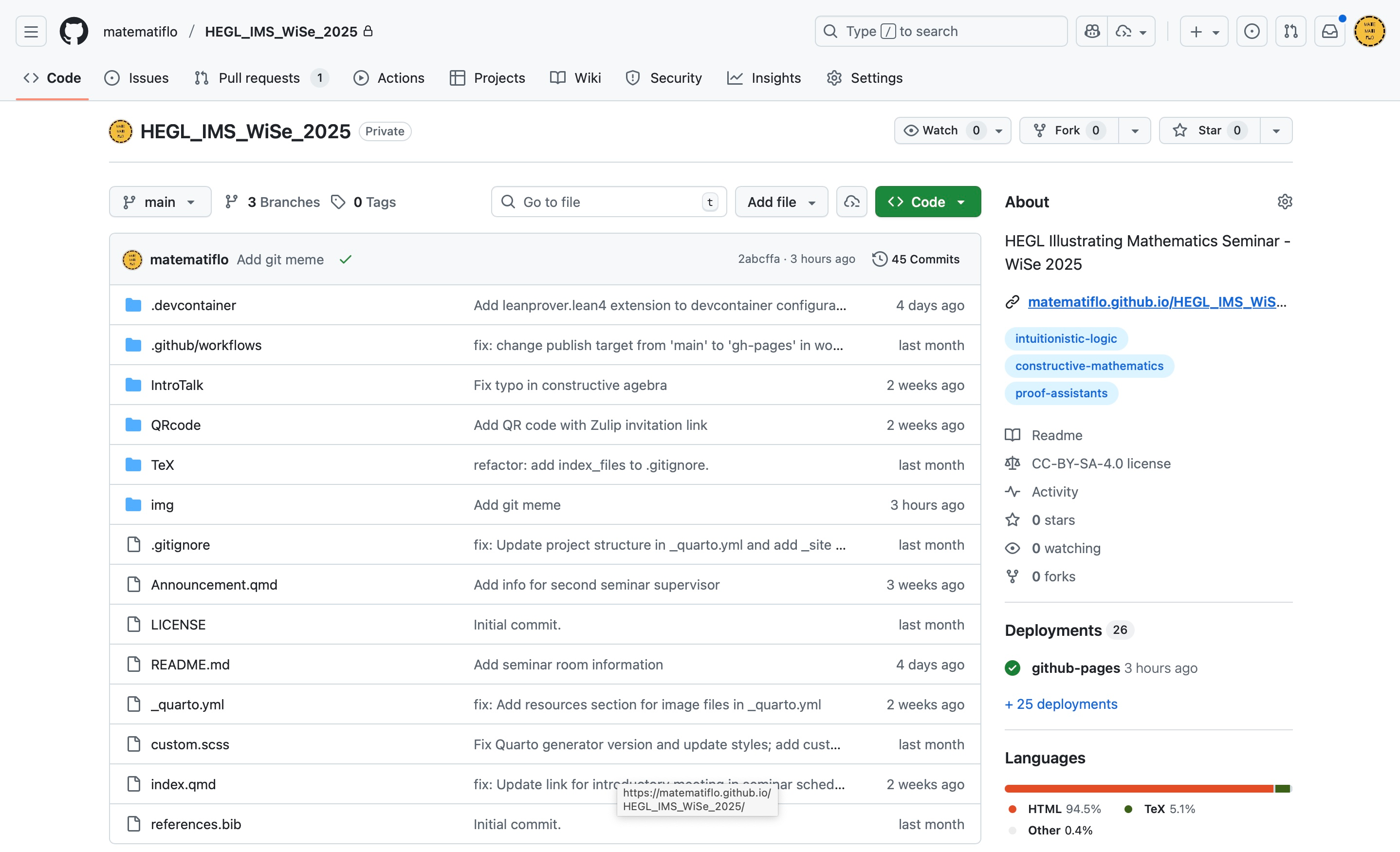 Screenshot of the seminar's repository